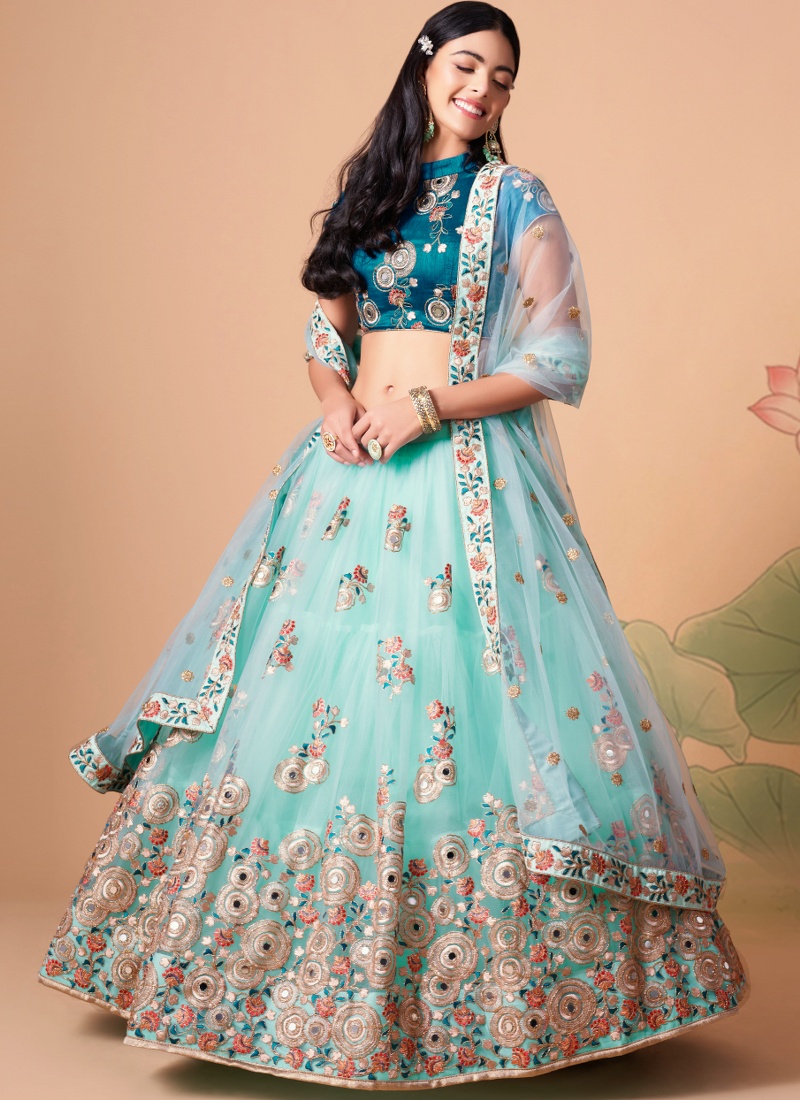 Shop Sky Blue Net Mirror Work Wedding Lehenga Choli KF240635 Online UK
